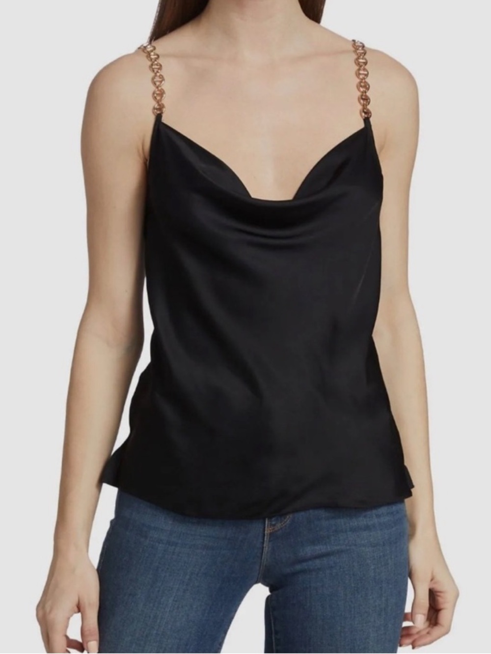 L'AGENCE Jasmina Black Satin Cami with Gold Chain Straps